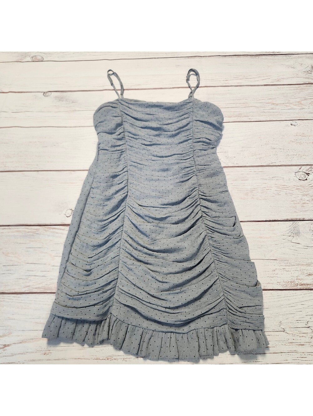 Storia Ruched Light Blue Polka Dot Mini Dress with Ruffle Hem Size M